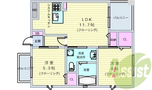 2LDK（49.69平米）浴室乾燥機・システムキッチン・収納