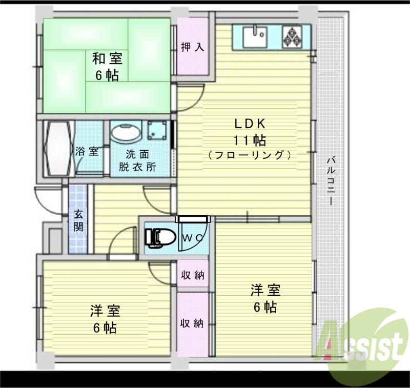 3LDK(63平米)エレベーター、モニター付インターホン