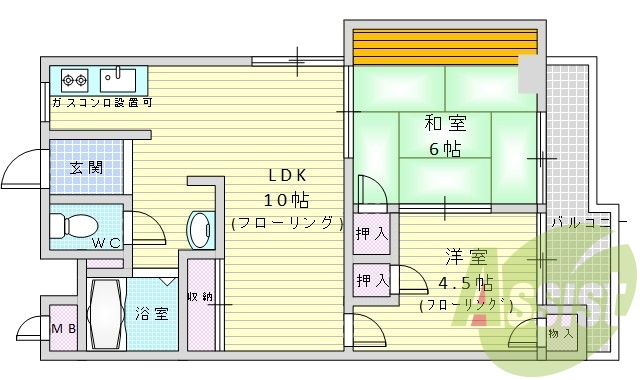 2LDK・南向き・角部屋・エアコン・室内洗濯機パン・靴箱