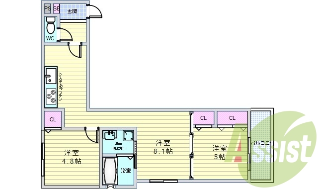 2LDK（47.02平米）ネット無料・エアコン・オートロック
