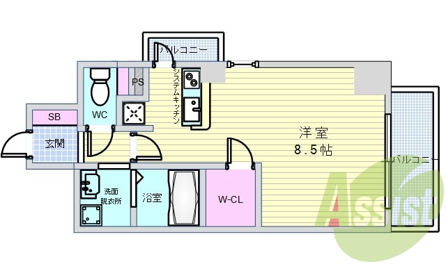 １Ｋ（３０．１平米）システムキッチン・シャンプードレッサー