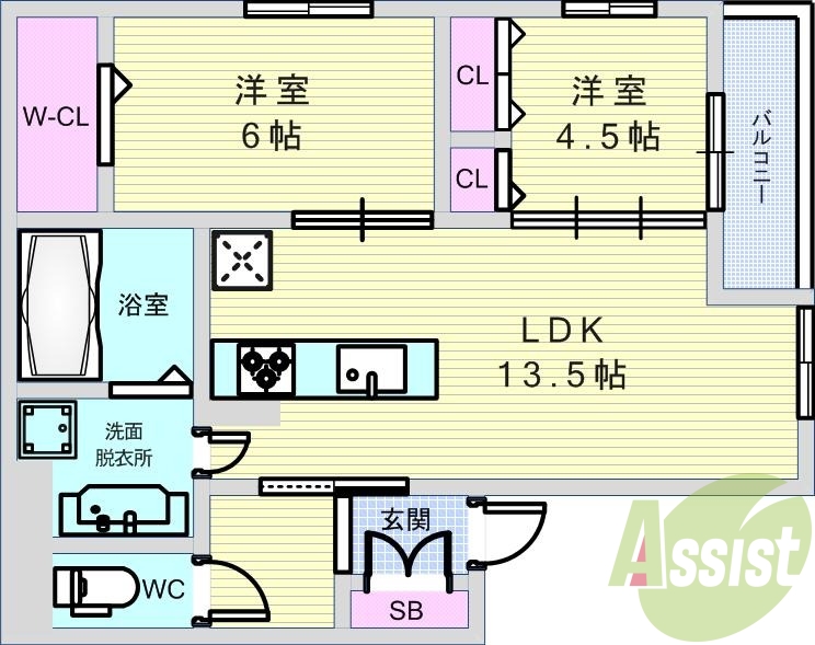 2LDK(57.57平米)システムキッチン・独立洗面台