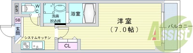 1K（22.67平米）システムキッチン・独立洗面台・エアコン