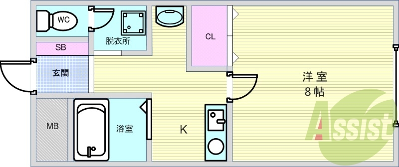 １K・エアコン、IHコンロ、浴室乾燥機、シューズボックス