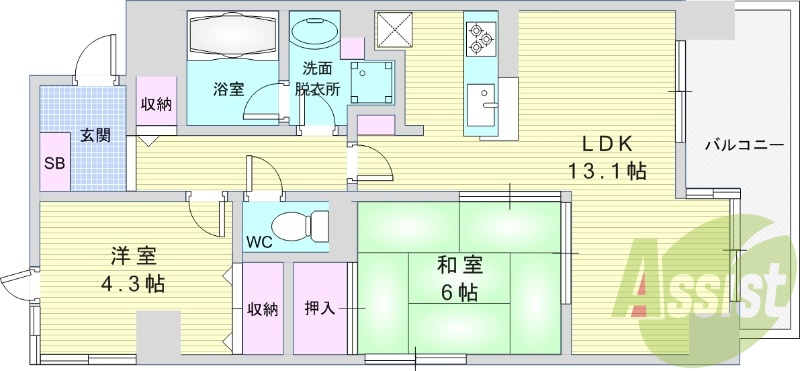 2LDK（53平米）オートロック・独立洗面・TVインターホン