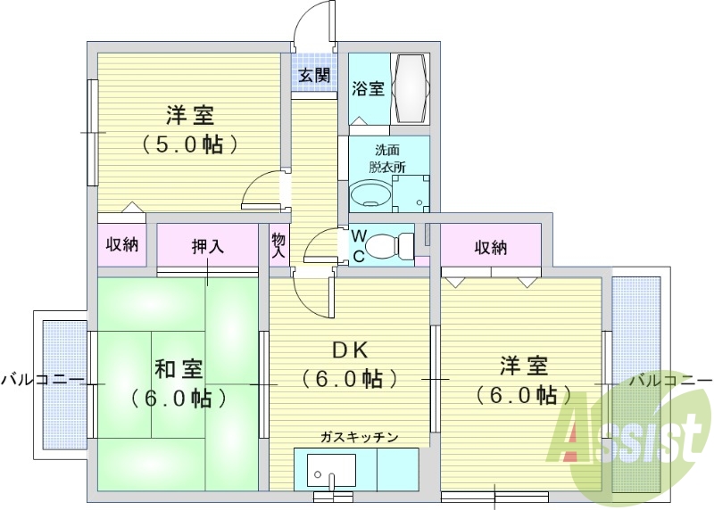 3DK(58.42平米)独立洗面台・室内洗濯機置場・脱衣所