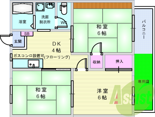 3DK・南向き・振り分け間取り、セパレート、独立洗面