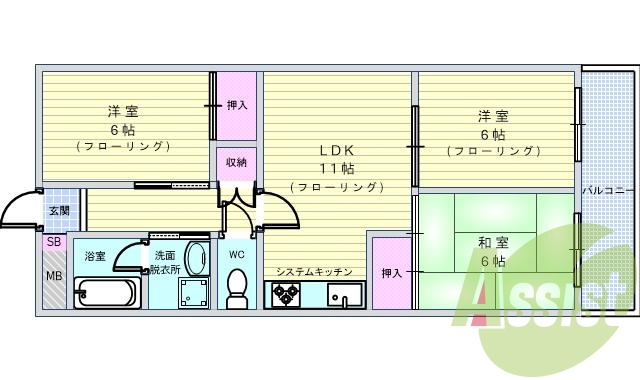 3LDK(60.48平米）システムキッチン・TVモニター