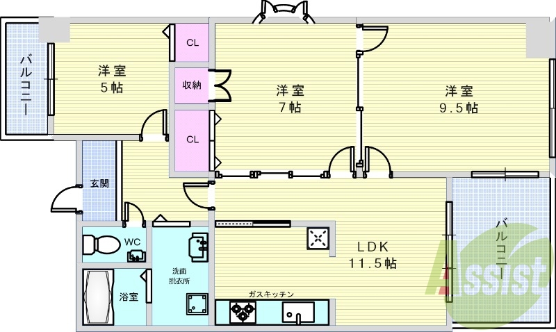 3LDK（６８．６２平米）テラス・ネット無料・エレベータ