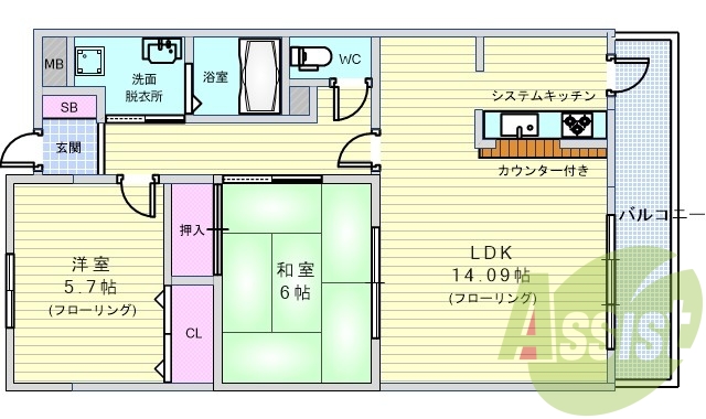 2LDK(61.19平米)システムK・シャンドレ・追い焚き