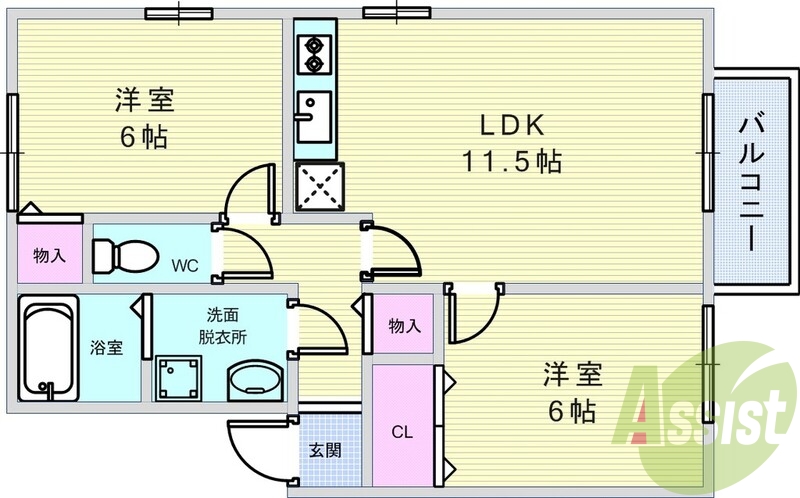 2LDK(反転)・角部屋・シャンドレ・ウォシュレット・雨戸