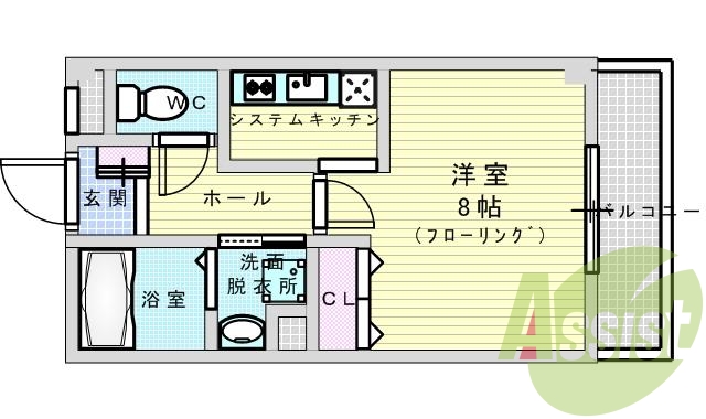 1K（26平米）システムキッチン・独立洗面台・エアコン