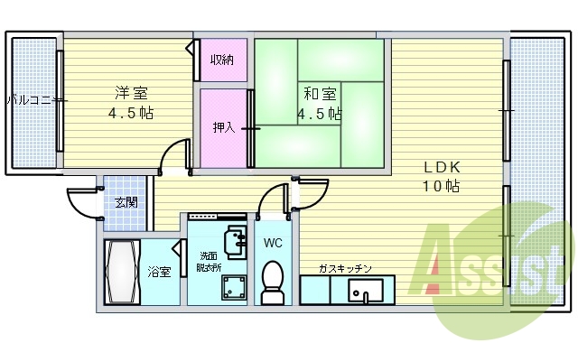 2LDK(43平米)セパレート・室内洗濯機置・インターフォン