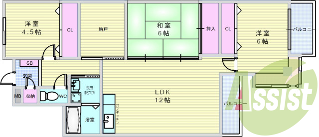 3LDK+S(74.68平米)独立洗面・ガスキッチン