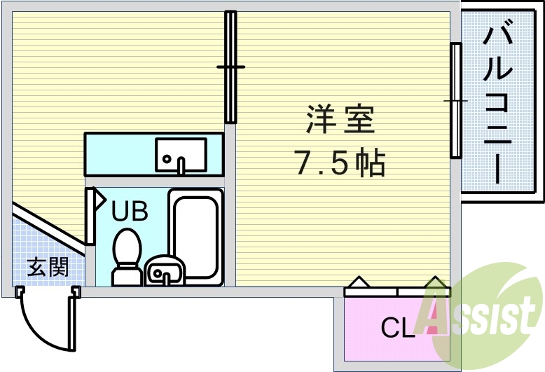 1DK（25.77平米）ガスキッチン・エアコン・収納・UB