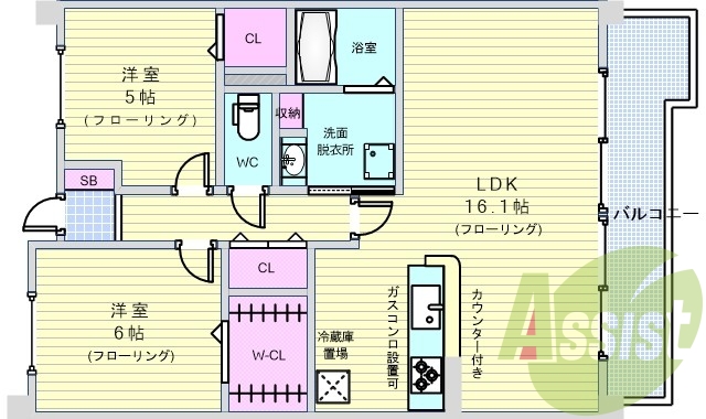 ２ＬＤＫ・６１．２９平米・カウンターキッチン・角部屋