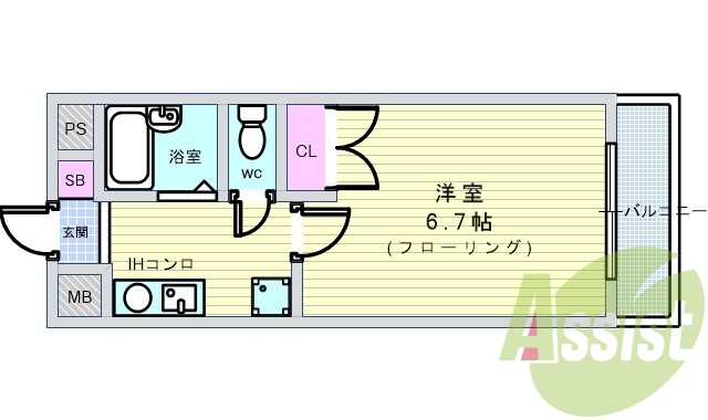 1K、セパレート、眺望良好、通気良好、エアコン、電気コンロ