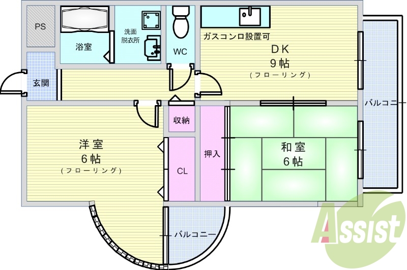 ２ＤＫ（５３平米）ガスキッチン・シャンドレ・室内洗濯機置き場