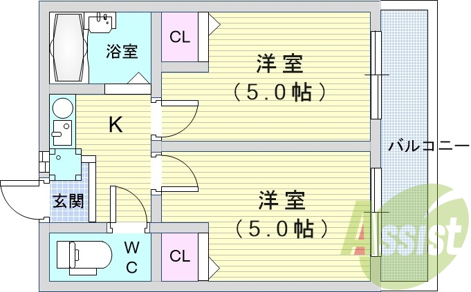 2K（25平米）室内洗濯機置場・エアコン・IHキッチン・収納