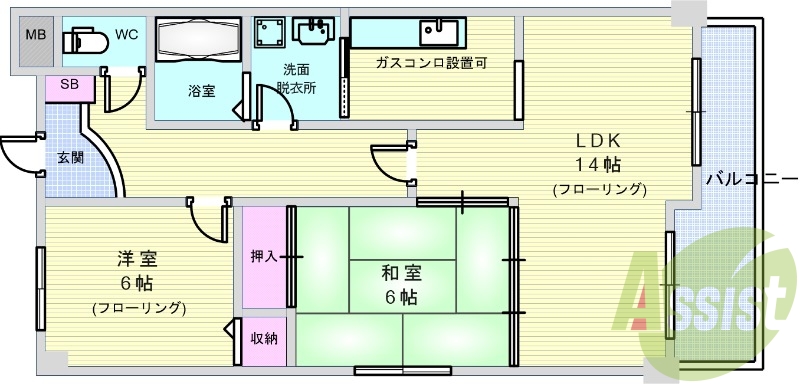 ２LDK（60平米）洗髪洗面化粧台・室内洗濯機置場・脱衣所