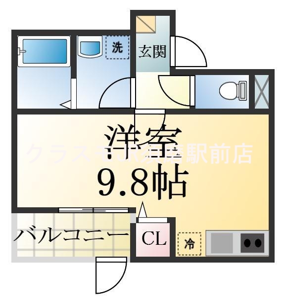 広々とした洋室9.8帖の間取りです。