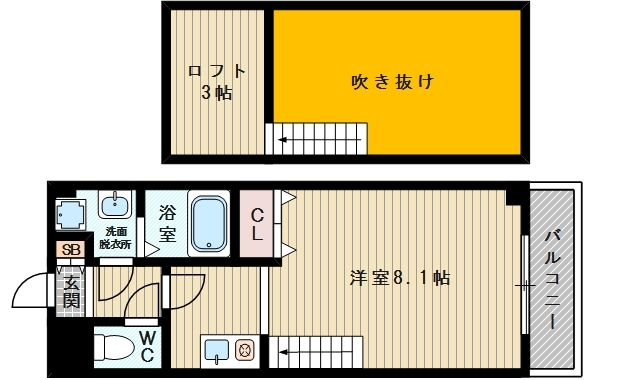 1Ｋのロフト付きのお部屋です