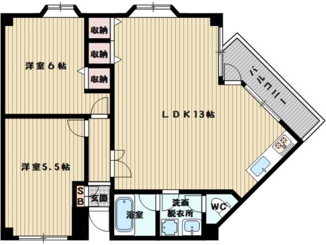 2LDKの間取りです。この間取りの反転になります
