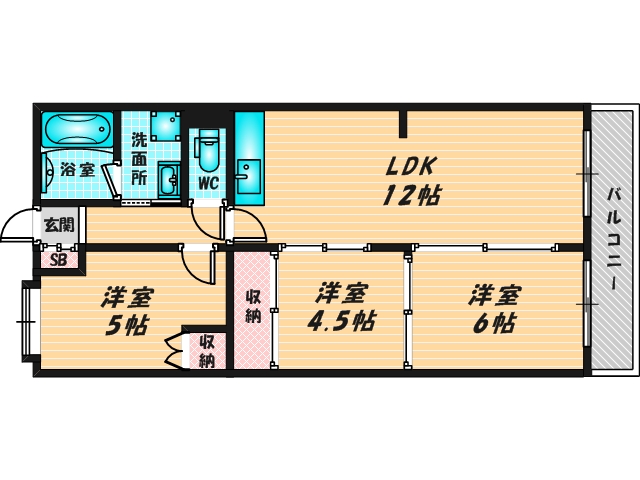 バス・トイレがセパレート、収納がある住みやすい間取りです。 