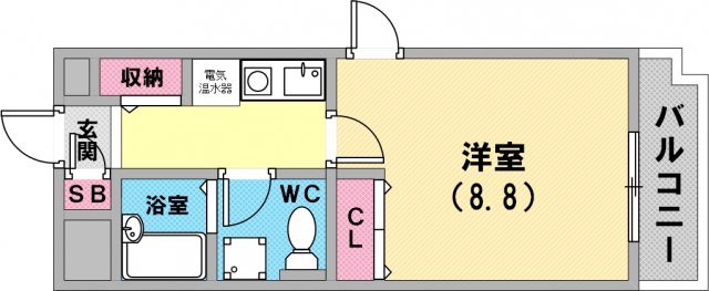 アメリカンセパレート8.8帖の広い1Kです。収納も大きめ。