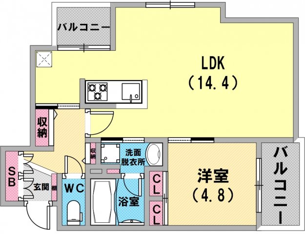 1ＬＤＫの間取りで収納も豊富ですね。