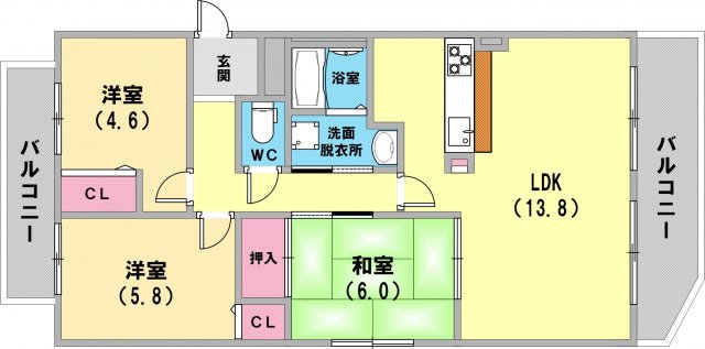 両面バルコニーのカウンターキッチン有3LDKです