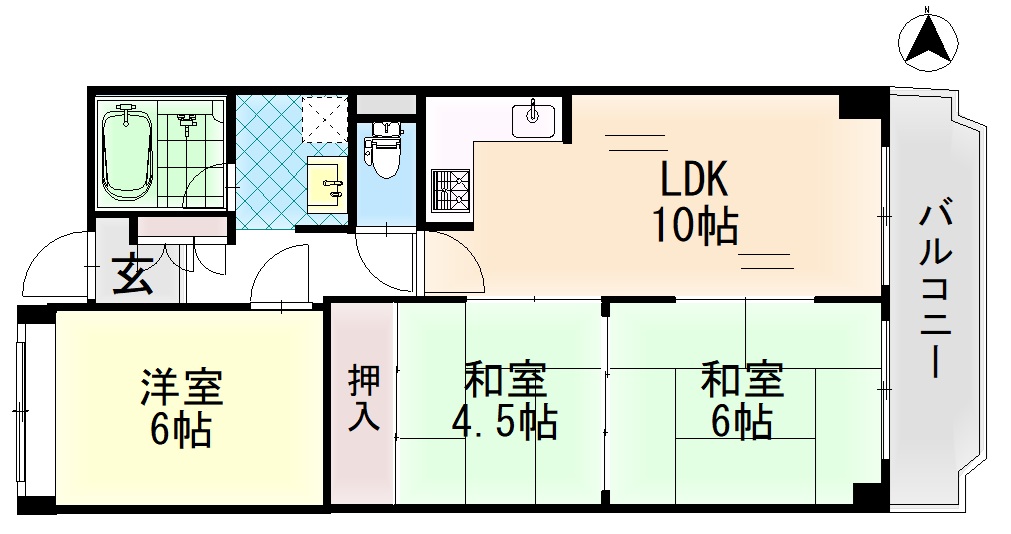 東向きバルコニー、58㎡ゆとりの3LDKです。