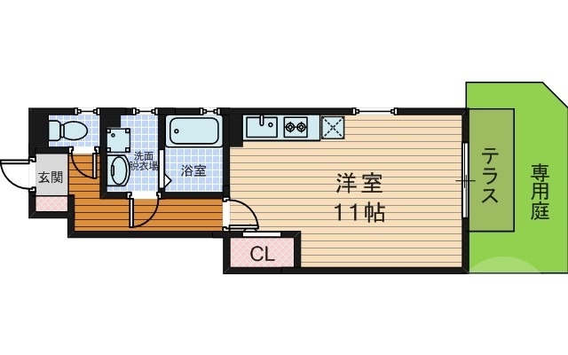 専用庭つきの広々とした１Kの間取りです。