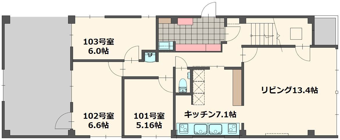 1階には3戸、2階には7戸、3階は6戸の個室があり、J:COMのインターネット回線も各部屋個別に無料