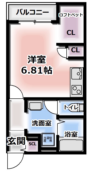 間取り：1R+ロフト付き